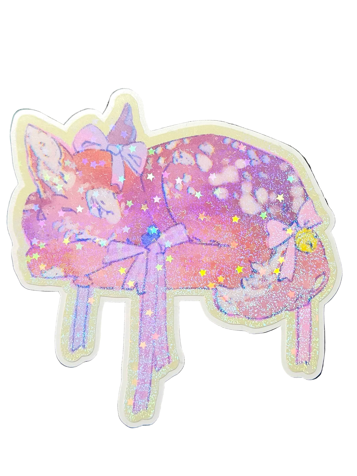 Wander Fawn, in Ribbon — holographic die-cut sticker featuring a hand-drawn fawn with bow and bells, Little Wonders collection by Finding Wonderland