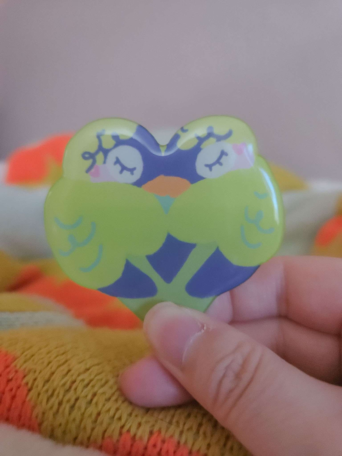 Close-up of Wander Bird hairclip showing glossy resin coating and hand-illustrated bird face detail