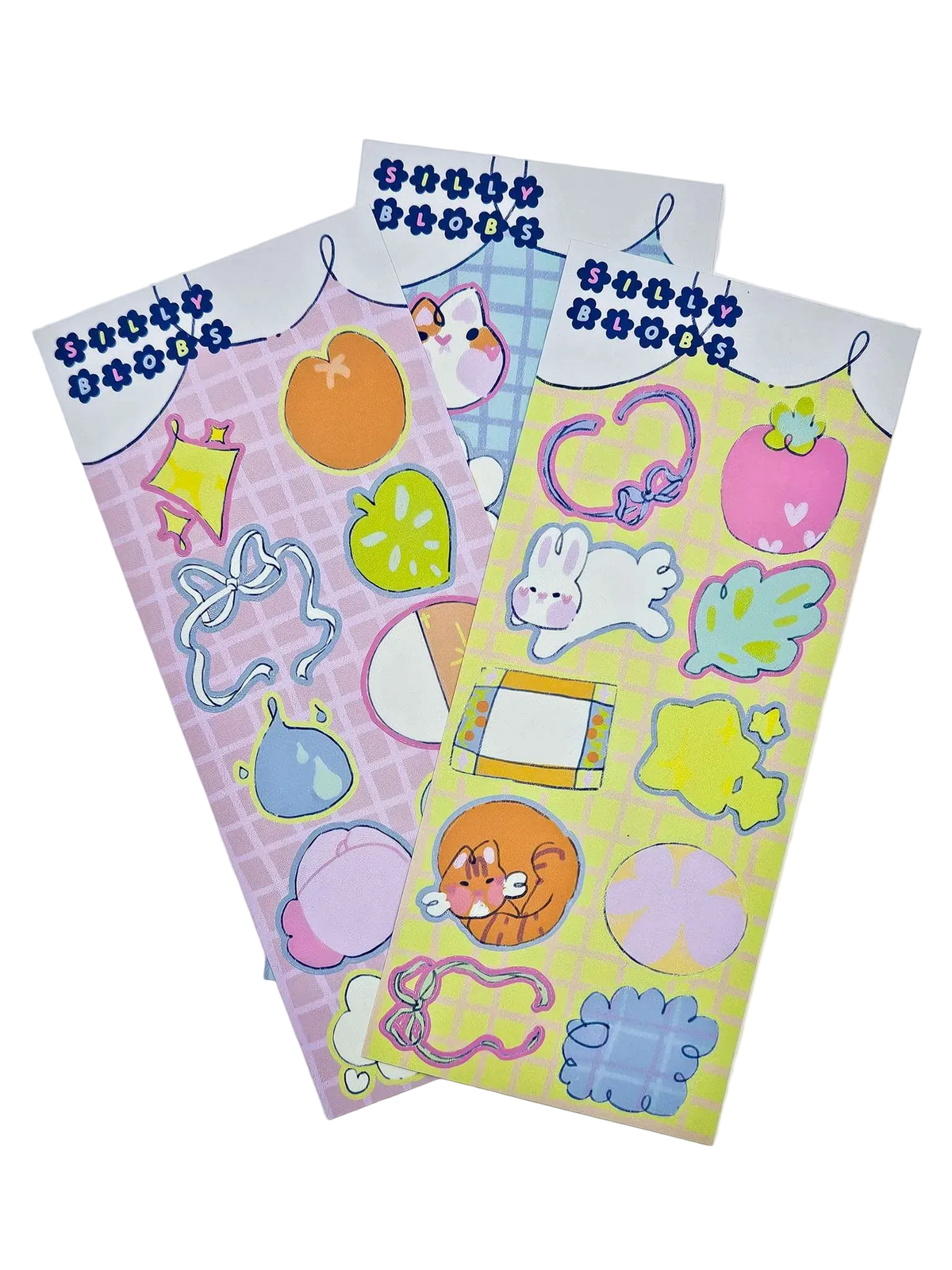 Silly Blobs sticker sheets by indie artist Ailyse of Finding Wonderland — three hand-drawn planner sticker sheet variants in blue, pink, and yellow, each featuring ten original illustrated blob-shaped stickers of bunnies, bows, fruits, stars, and cats