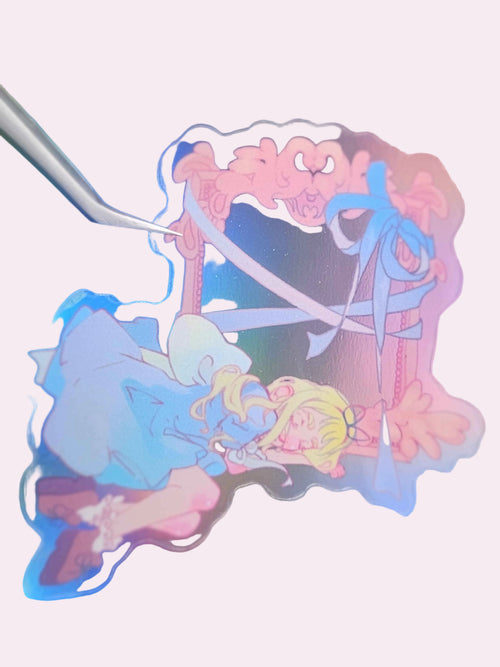 Alice Sleeping Frame Die-Cut Sticker — approximately 3 inch clear waterproof vinyl sticker featuring Alice from Wonderland sleeping in front of a ribbon-wrapped portal frame, original Signature Collection artwork by indie artist Ailyse of Finding Wonderland