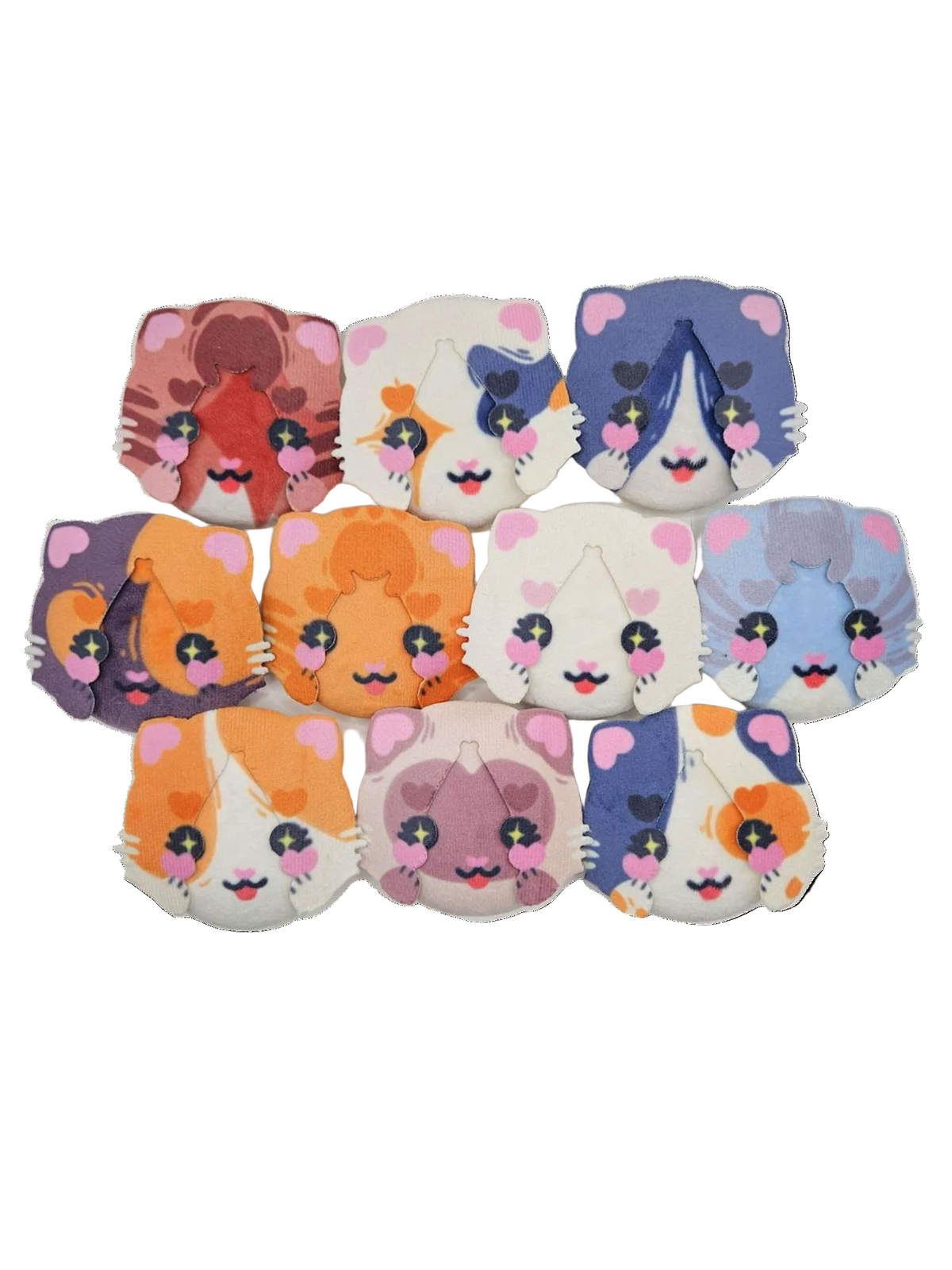All ten Cat Plush Button Pin colorways from the Little Wonders collection, shown together