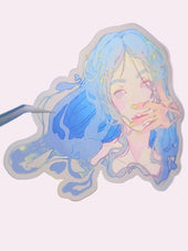 Subtle Caution Die-Cut Sticker — approximately 3 inch waterproof vinyl sticker featuring an original illustration of a soft blue-haired figure with hand raised to her face in a watchful, knowing gesture, a symbolic reminder to protect your circle from ill intentions, part of the Signature Collection by indie artist Ailyse of Finding Wonderland