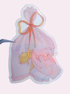 Conception Die-Cut Sticker — approximately 3 inch waterproof vinyl sticker featuring an original hand-drawn illustration of a goldfish in a water-filled bag tied with an orange ribbon, a face emerging from the bag held up toward a temple, symbolising a thought conceived and immediately forgotten, part of the Signature Collection by indie artist Ailyse of Finding Wonderland