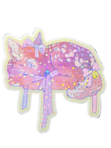 Wander Fawn, in Ribbon — holographic die-cut sticker featuring a hand-drawn fawn with bow and bells, Little Wonders collection by Finding Wonderland