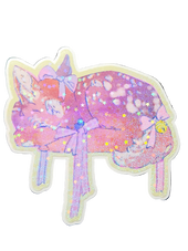 Wander Fawn, in Ribbon — holographic die-cut sticker featuring a hand-drawn fawn with bow and bells, Little Wonders collection by Finding Wonderland