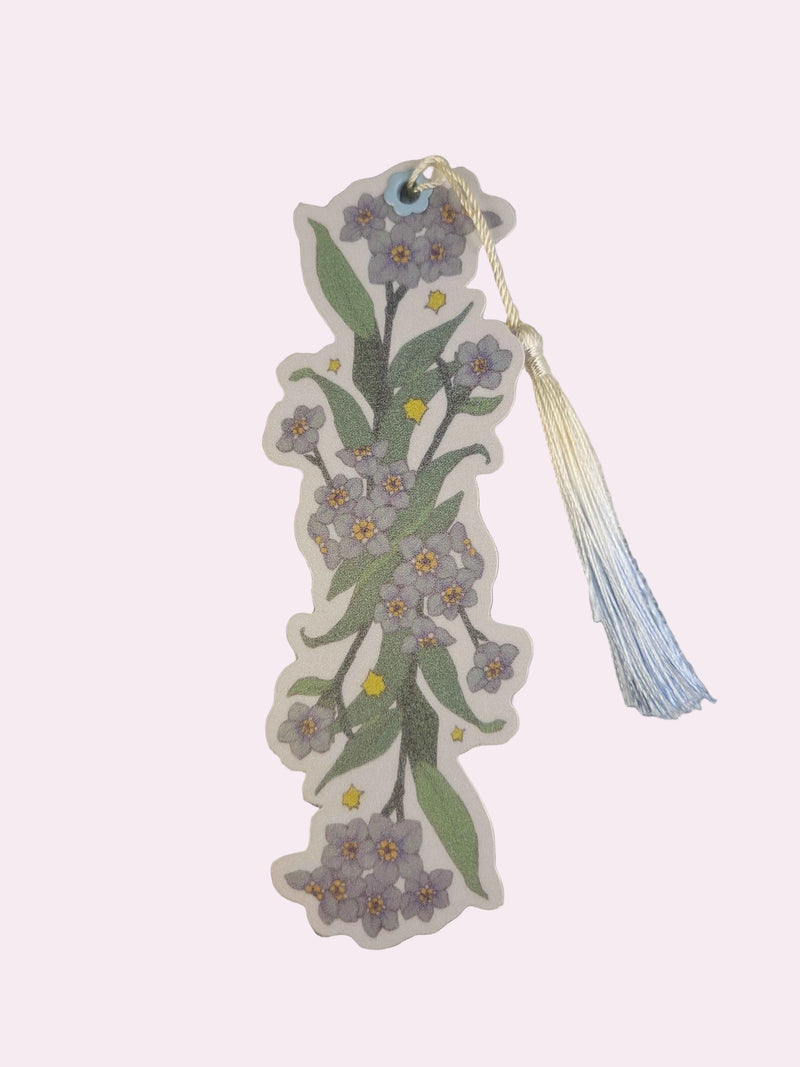 Forget-Me-Not Bookmark printed on card stock, showing the hand-illustrated floral design with soft forget-me-not blossoms