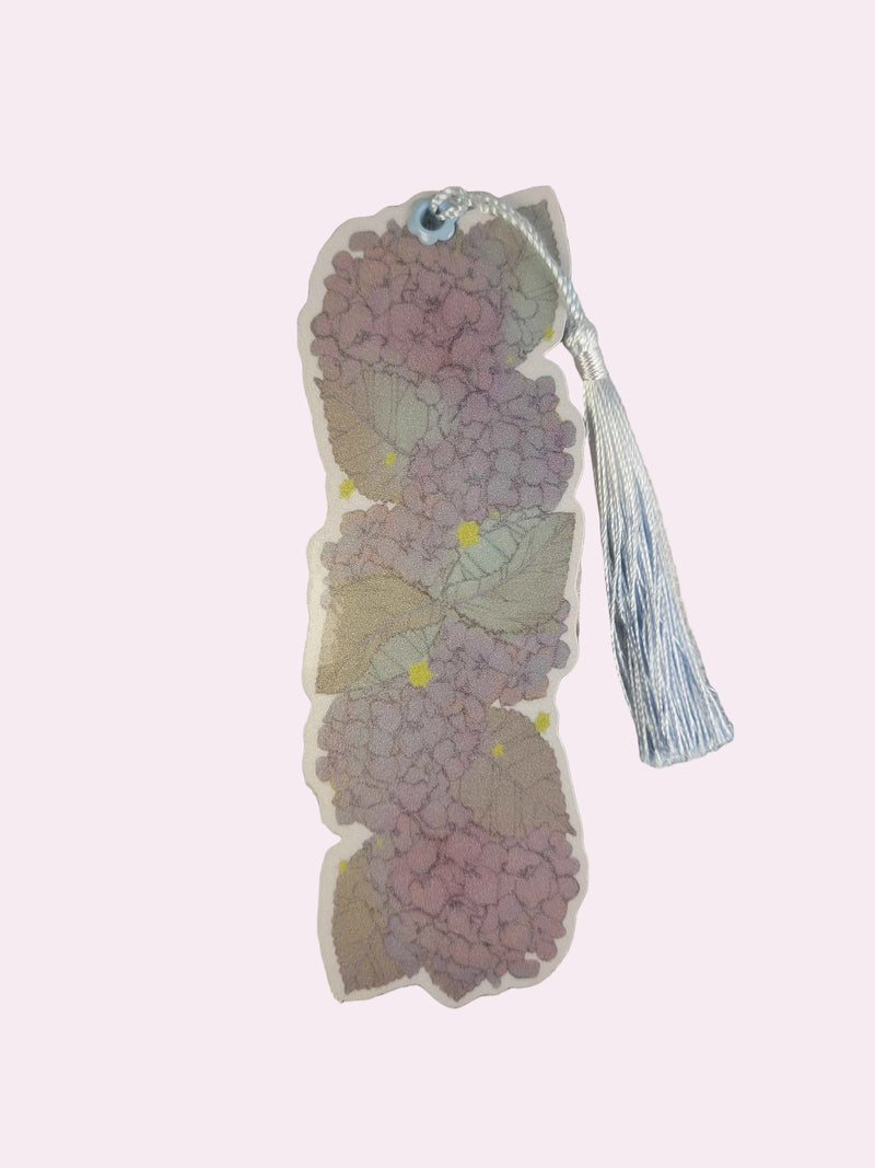 Hydrangea Bookmark printed on card stock, displaying the hand-illustrated floral design with layered hydrangea petals