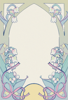 A rectangular decorative card or print with an Art Nouveau floral border in pastel blue, purple, pink, and yellow on a dusty pink background.