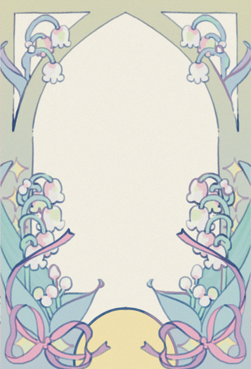 A rectangular decorative card or print with an Art Nouveau floral border in pastel blue, purple, pink, and yellow on a dusty pink background.