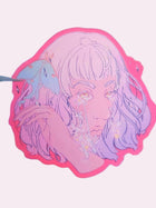 Lunar Tears Die-Cut Sticker — approximately 3 inch waterproof vinyl sticker featuring an original hand-drawn illustration of a figure with a lunar moth resting on her head like a crown, snowdrop flowers falling like tears, a symbolic artwork of grief and hope by indie artist Ailyse of Finding Wonderland, part of the Signature Collection