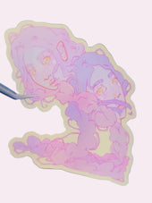 Marche Droit Die-Cut Sticker — approximately 3 inch waterproof vinyl sticker featuring an original abstract illustration of two figures connected by braids that loop between them into infinity, a symbolic artwork about legacy, love, and walking straight, by indie artist Ailyse of Finding Wonderland, part of the Signature Collection