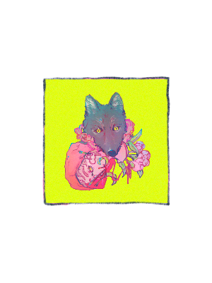 "Sorry" Small Print — original 4.72 by 4.72 inch art print featuring a wolf offering a peony bouquet wrapped in a female figure, a darkly whimsical Little Red Riding Hood-inspired illustration exploring enmeshment and shared pain, by indie artist Ailyse of Finding Wonderland