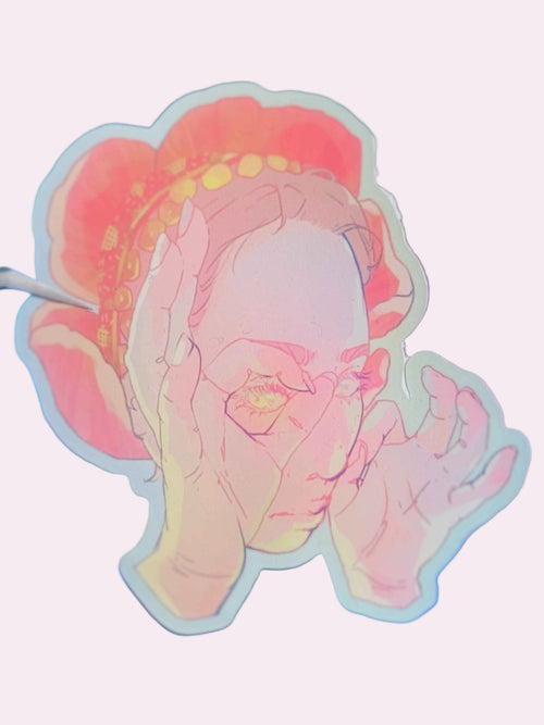 All Eyes On: Palestine Die-Cut Sticker — approximately 3 inch waterproof vinyl sticker featuring an original hand-drawn illustration of a girl wearing a headscarf surrounded by poppies, with a hand forming a monocle gesture, a solidarity artwork inspired by All Eyes on Rafah by indie artist Ailyse of Finding Wonderland