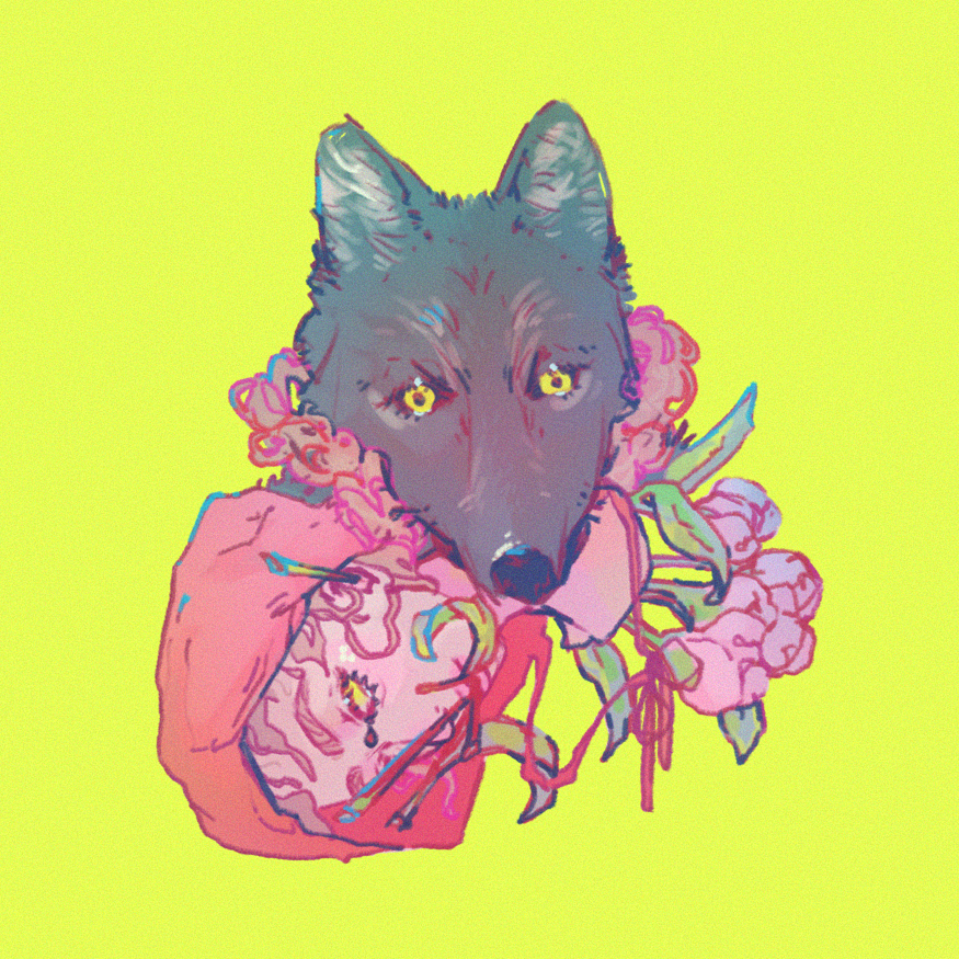 "Sorry" Small Print — original 4.72 by 4.72 inch art print featuring a wolf offering a peony bouquet wrapped in a female figure, a darkly whimsical Little Red Riding Hood-inspired illustration exploring enmeshment and shared pain, by indie artist Ailyse of Finding Wonderland