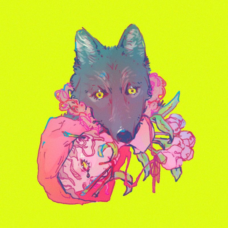 "Sorry" Small Print — original 4.72 by 4.72 inch art print featuring a wolf offering a peony bouquet wrapped in a female figure, a darkly whimsical Little Red Riding Hood-inspired illustration exploring enmeshment and shared pain, by indie artist Ailyse of Finding Wonderland
