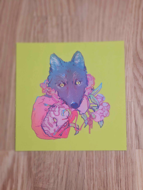 "Sorry" Small Print — original 4.72 by 4.72 inch art print featuring a wolf offering a peony bouquet wrapped in a female figure, a darkly whimsical Little Red Riding Hood-inspired illustration exploring enmeshment and shared pain, by indie artist Ailyse of Finding Wonderland