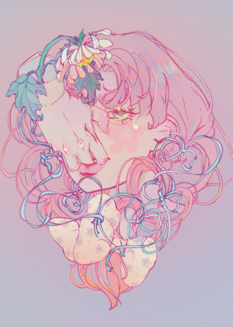 Suppressing Innocence Small Print — original 5 by 7 inch art print featuring a figure surrounded by daisies with an upside-down teardrop motif, a symbolic illustration of being suppressed by innocent intention, by indie artist Ailyse of Finding Wonderland