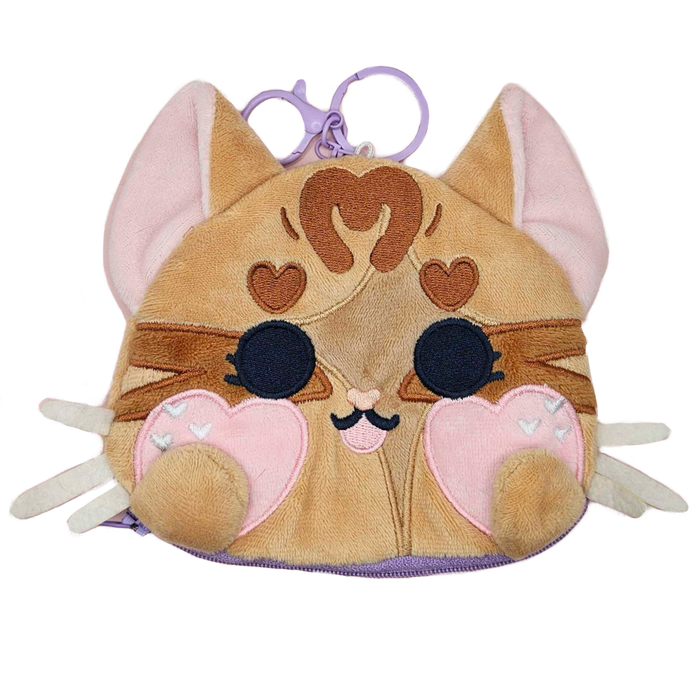 Funny Bunny plush coin pouch from the Little Wonders collection by Finding Wonderland — a soft tabby cat face plush pouch with embroidered heart eyes, felt whiskers, and a smiling expression, limited run of 100, designed by indie artist Ailyse