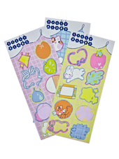 Silly Blobs sticker sheets by indie artist Ailyse of Finding Wonderland — three hand-drawn planner sticker sheet variants in blue, pink, and yellow, each featuring ten original illustrated blob-shaped stickers of bunnies, bows, fruits, stars, and cats 