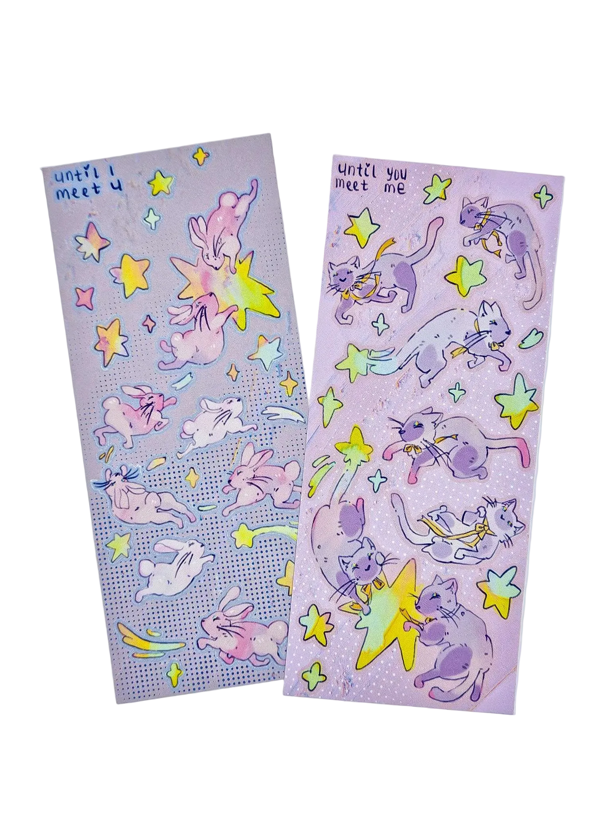 Until I Meet You and Until You Meet Me sticker sheets — holographic Little Wonders collection sticker sheets featuring Double Lucky the bunny and Funny Bunny the cat floating through a starry night sky, original artwork by indie artist Ailyse of Finding Wonderland