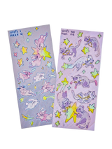 Until I Meet You and Until You Meet Me sticker sheets — holographic Little Wonders collection sticker sheets featuring Double Lucky the bunny and Funny Bunny the cat floating through a starry night sky, original artwork by indie artist Ailyse of Finding Wonderland