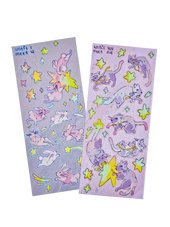 Until I Meet You and Until You Meet Me sticker sheets — holographic Little Wonders collection sticker sheets featuring Double Lucky the bunny and Funny Bunny the cat floating through a starry night sky, original artwork by indie artist Ailyse of Finding Wonderland
