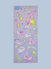 Until I Meet You holographic sticker sheet featuring Double Lucky the space bunny leaping through stars in shades of pink and yellow, Little Wonders collection by indie artist Ailyse of Finding Wonderland — 3 by 7 inch vinyl-like sticker sheet